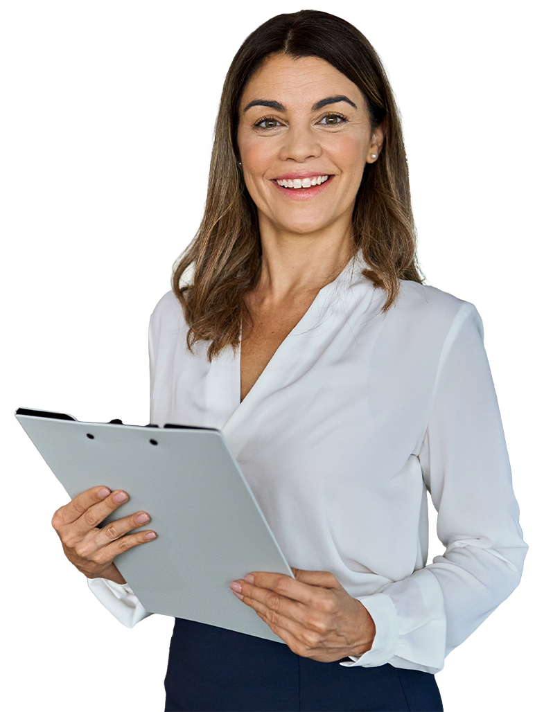 A professional wearing a white shirt, holding a white clipboard
