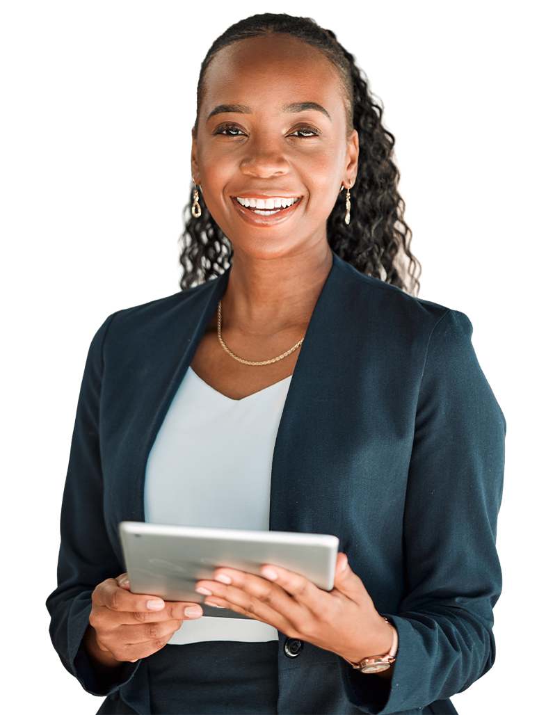 A professional wearing a black blazer, white top, holding a digital device
