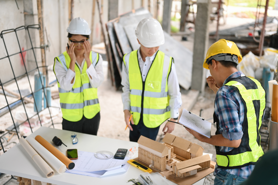 Three people wearing high vis vests and hard hats, stood in a construction site