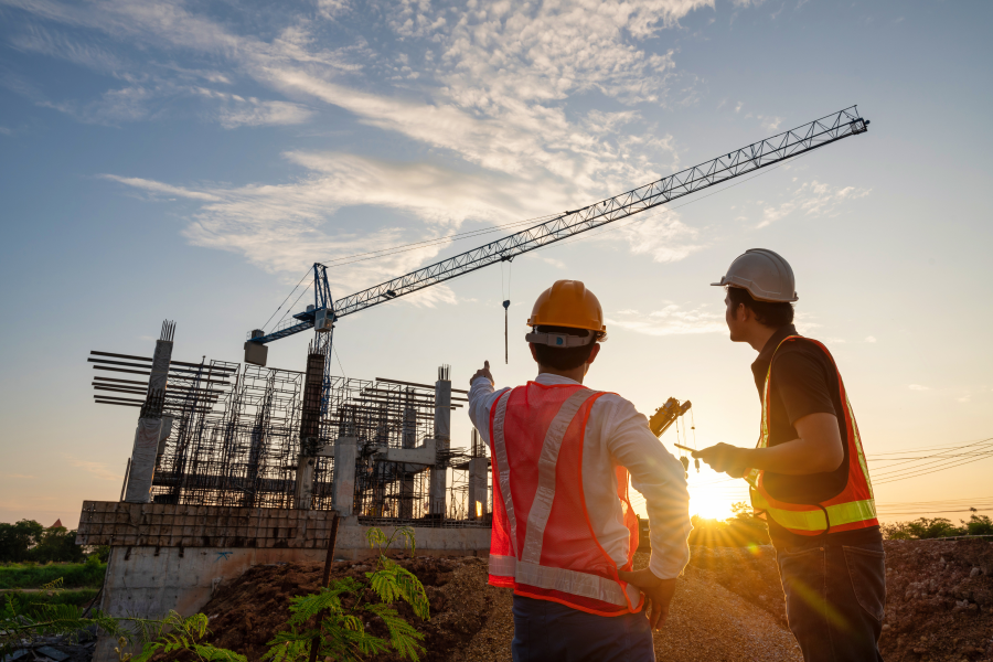 Two construction workers wearing high vis vests, looking up at a crane in the distance