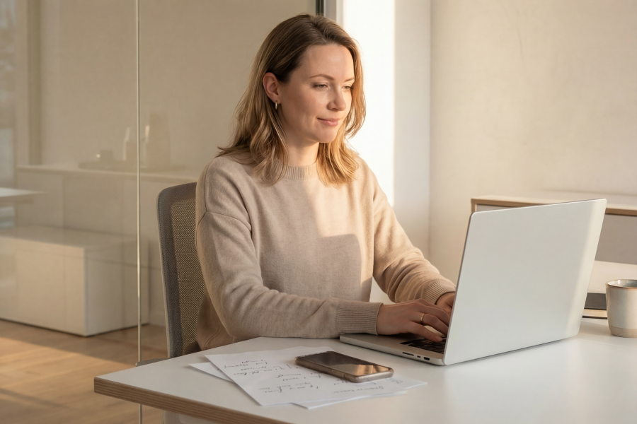 A professional sat at a desk looking at their laptop screen, as they rest their hands on the keyboard