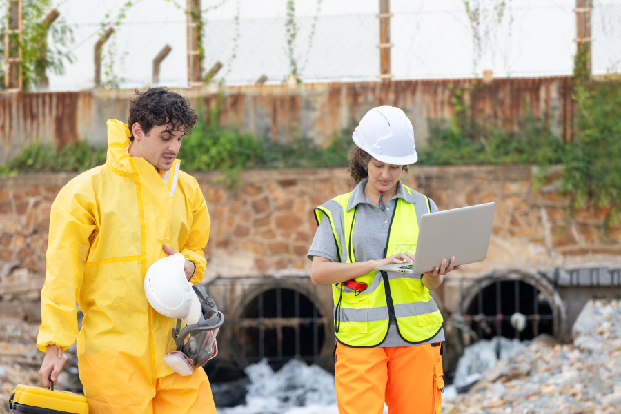 Two workers stood at a drainage site, one in a high vis vest and the other in a yellow hazmat suit