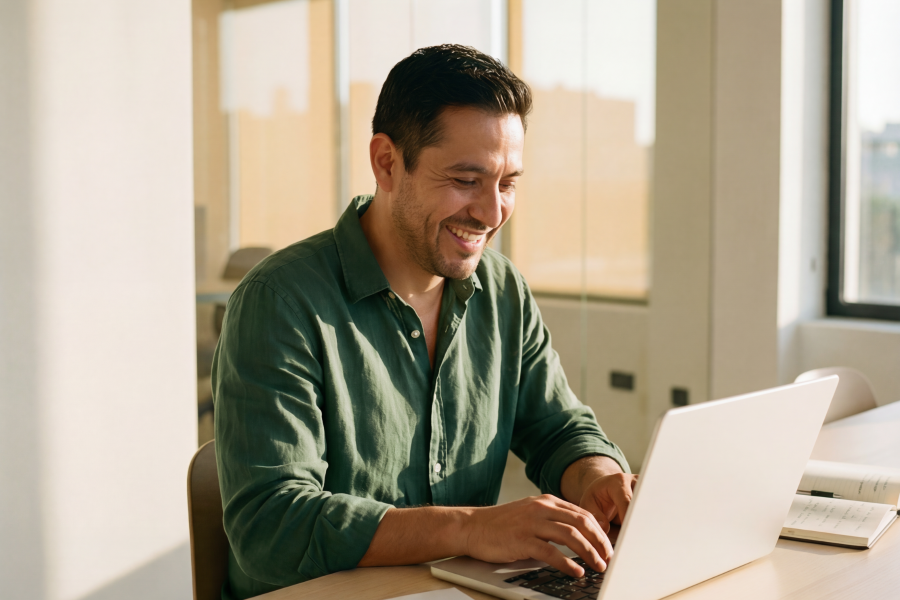 A professional wearing a green shirt, smiling as they look at their laptop