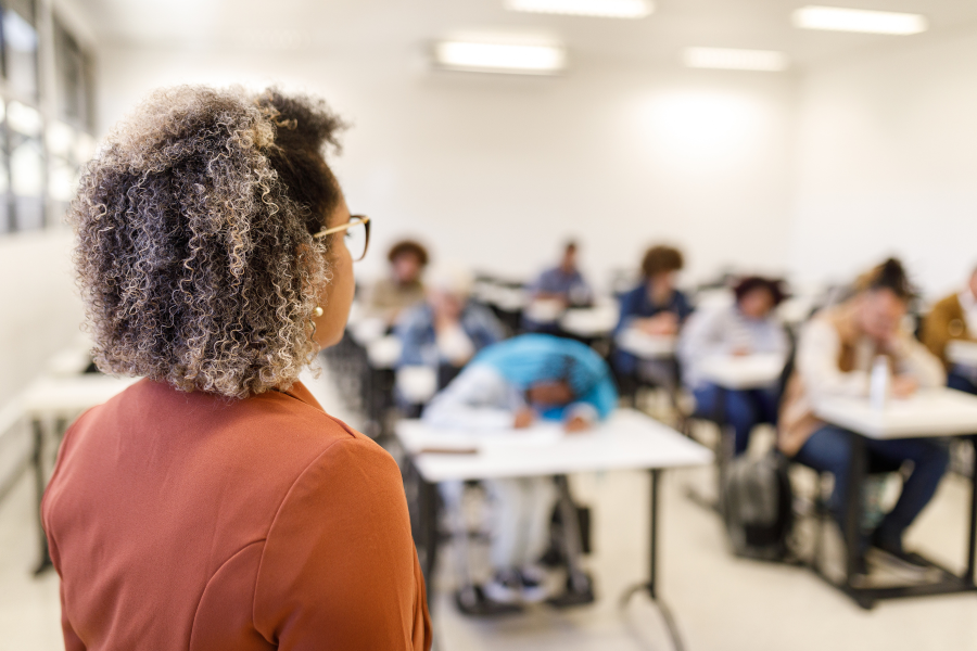 The back of a professional speaking to a room of students