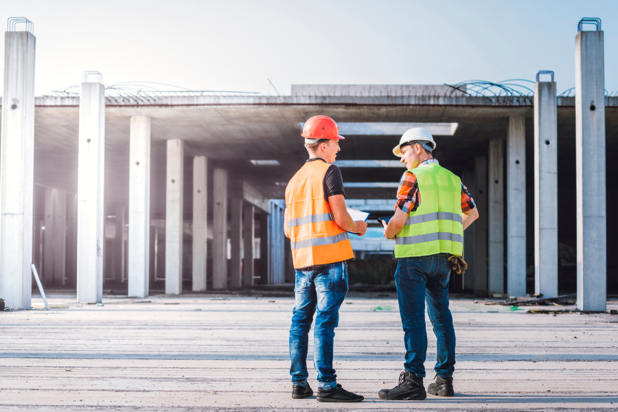 Two construction workers wearing high vis vests and hard hats, looking at a derelict structure