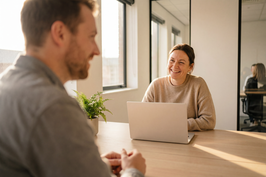A professional sits with a laptop smiling at an individual who is sat opposite them