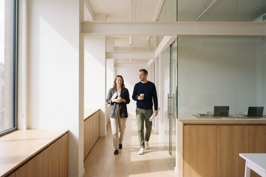 Two people walk down a corridor together holding coffee cups and paper