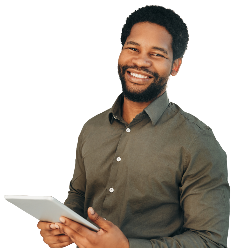 A person wearing a grey shirt, smiling as they hold onto a digital device