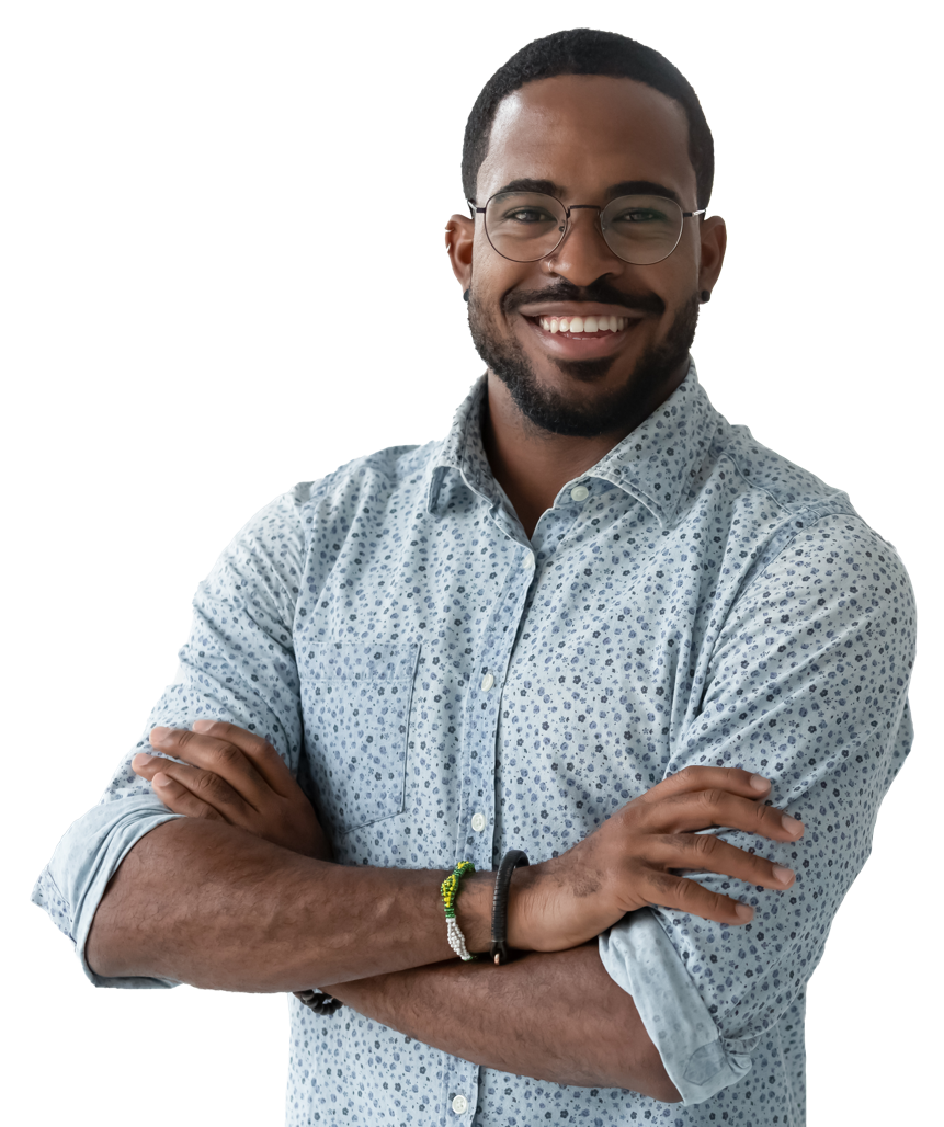 A person wearing a spotty blue shirt and glasses smiling