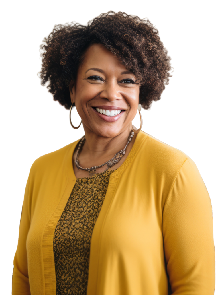 A person wearing a yellow cardigan smiling