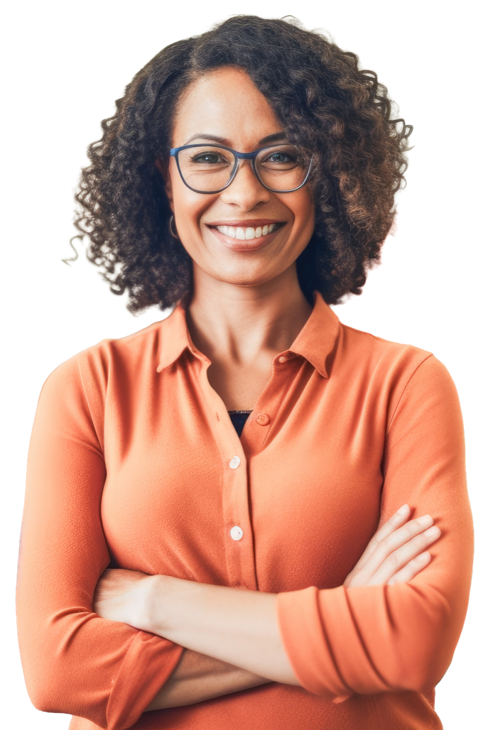 A person wearing an orange top is smiling and folding their arms
