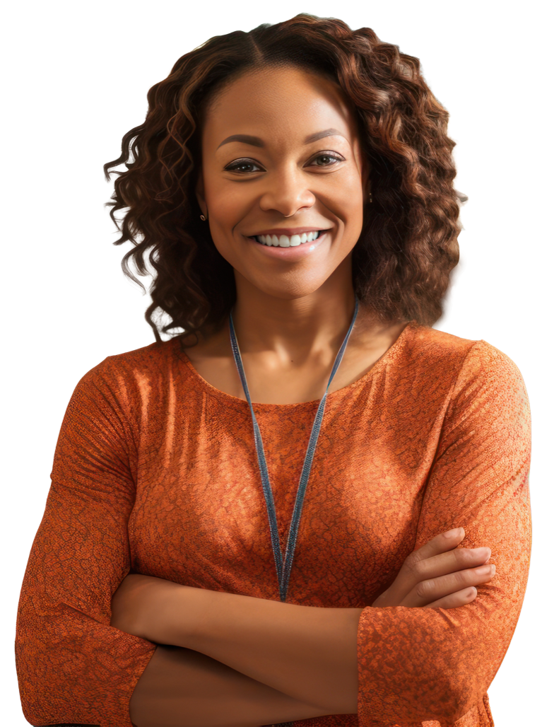 A person wearing an orange top is folding their arms and smiling