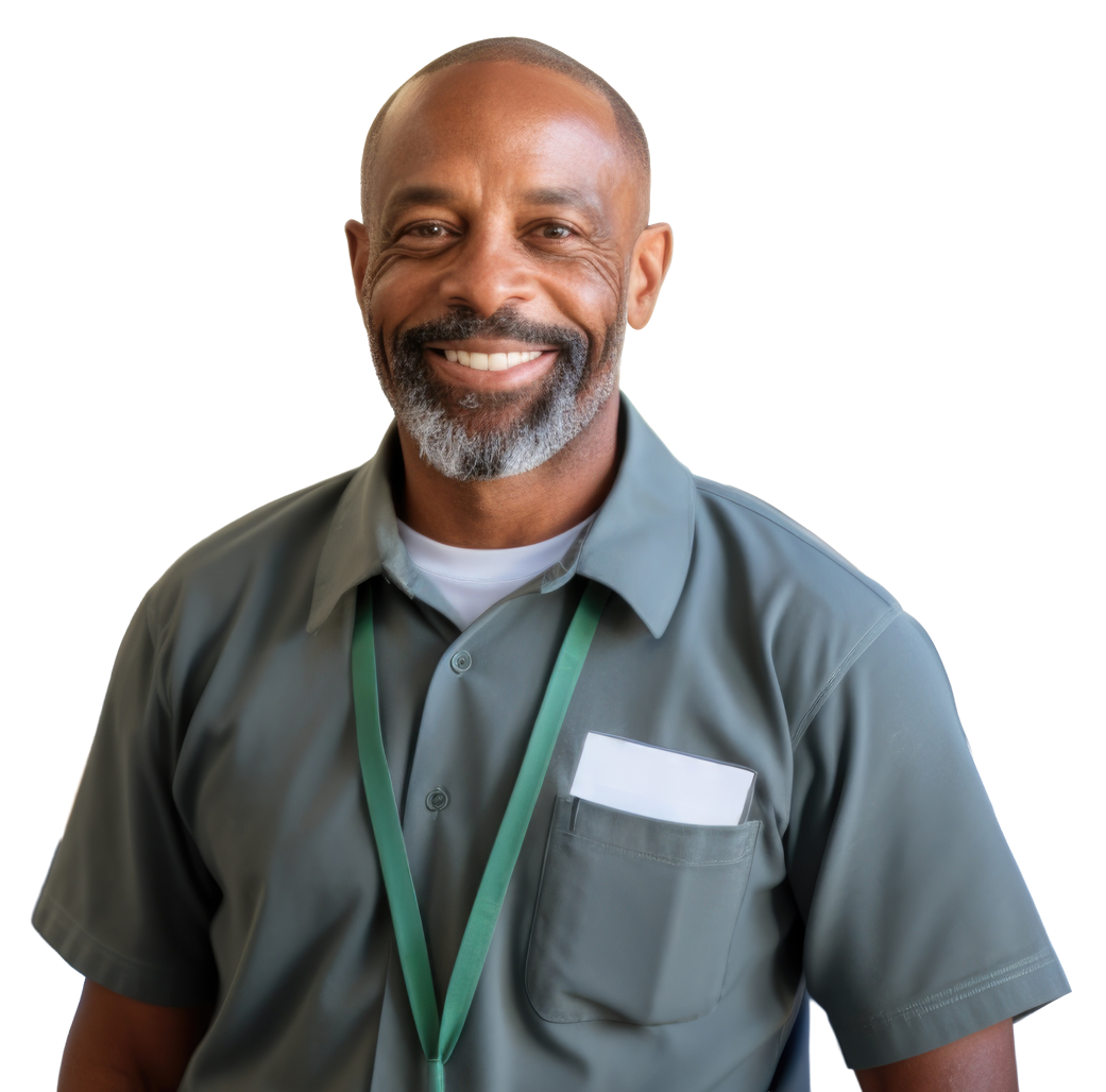 A person wearing a grey shirt and green lanyard is smiling