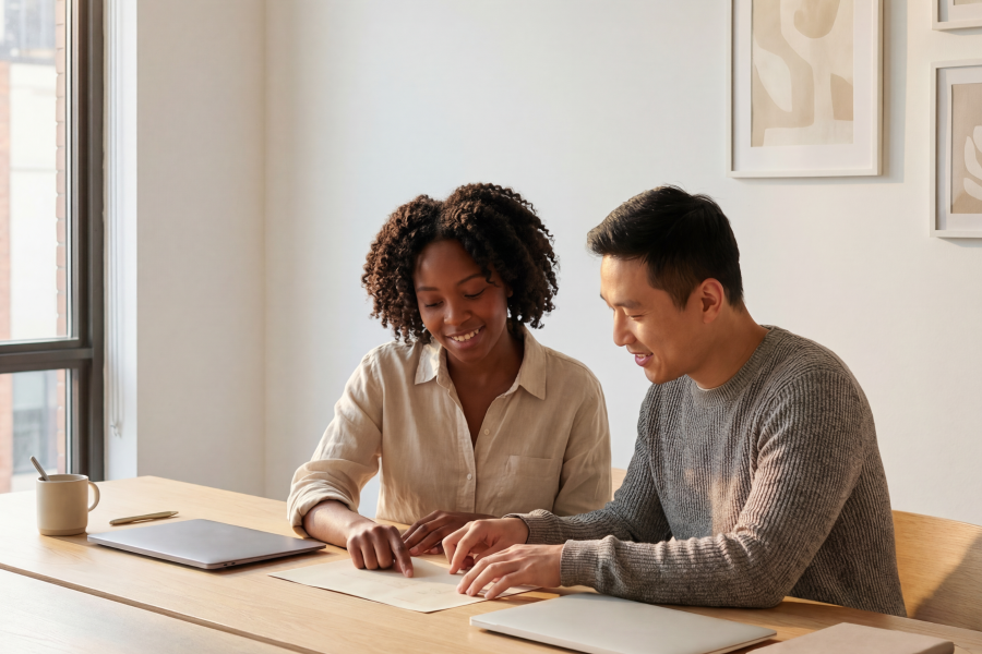 Two professionals sitting together at a desk, smiling and looking at a piece of paper