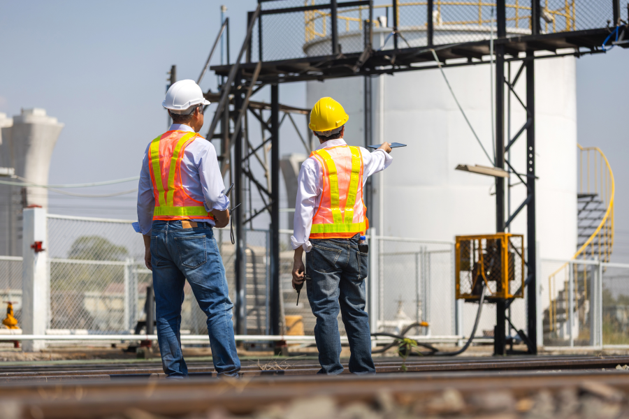 Two construction workers wearing high vis vests, looking at a railway structure