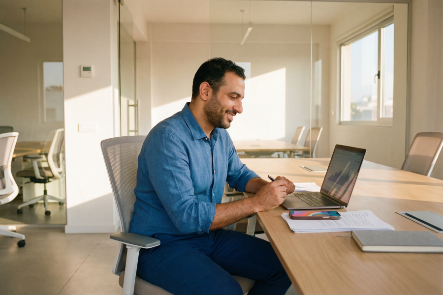 A professional wearing a blue shirt sitting at a desk and smiling at their laptop
