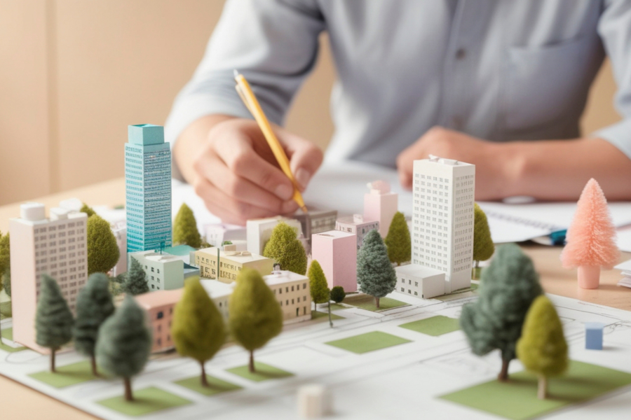 A miniature model of a town with a person sat behind it, writing