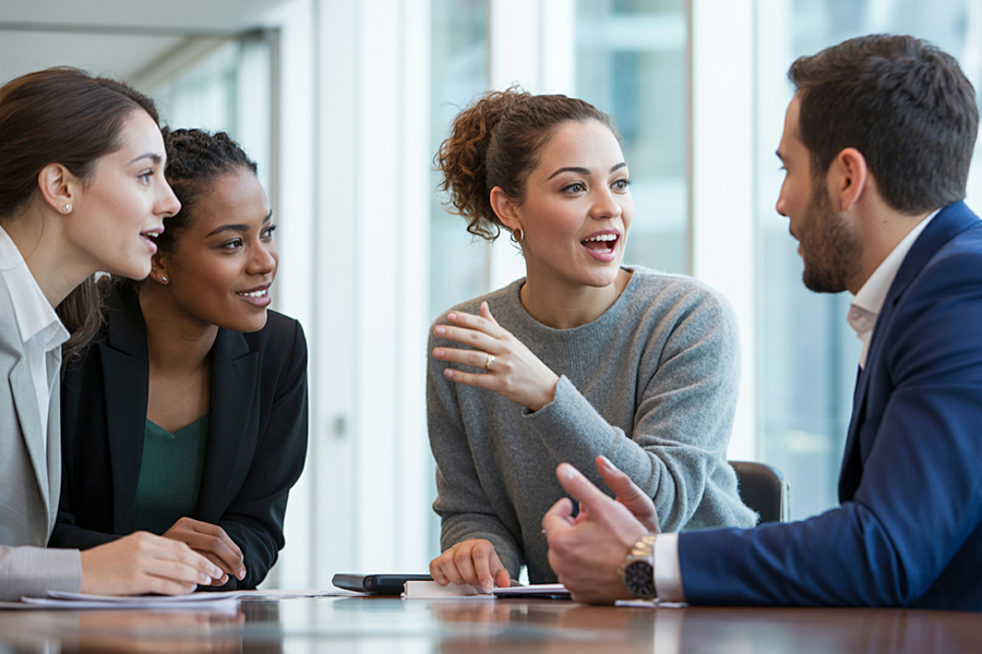 Four professionals sitting around a table chatting and smiling