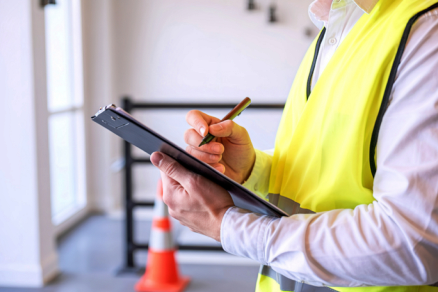 The torso of a person wearing a high vis vest, writing on a clipboard