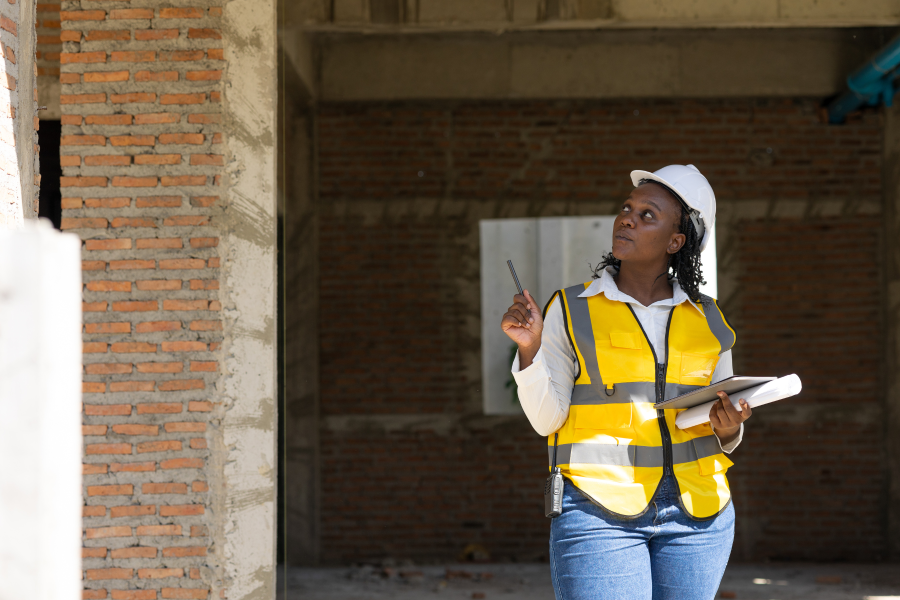 A construction worker wearing a high vis vest and hard hat, looking at a brick wall
