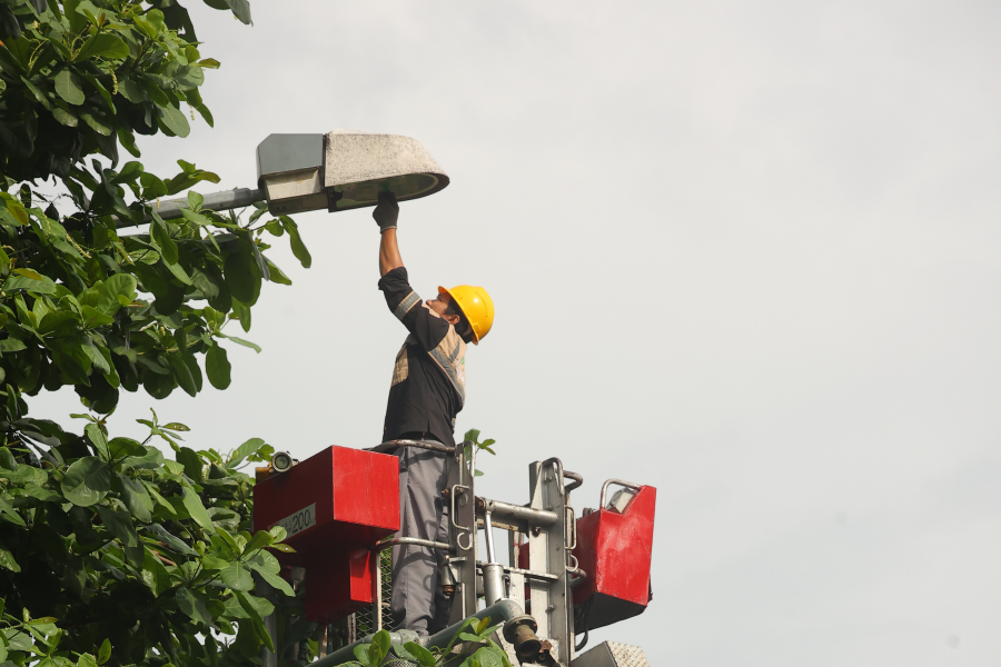 A tradesperson stood on a cherry picker, fixing the bulb in an outdoor lamppost