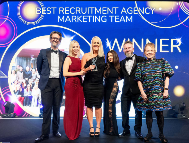 Spencer Clarke Group employees on stage at the 2025 Recruiter Awards