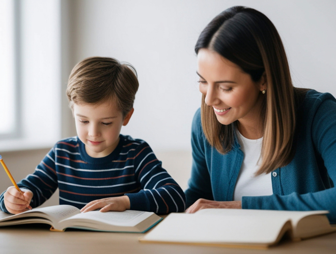 A professional sitting with a young child who is writing in a notebook
