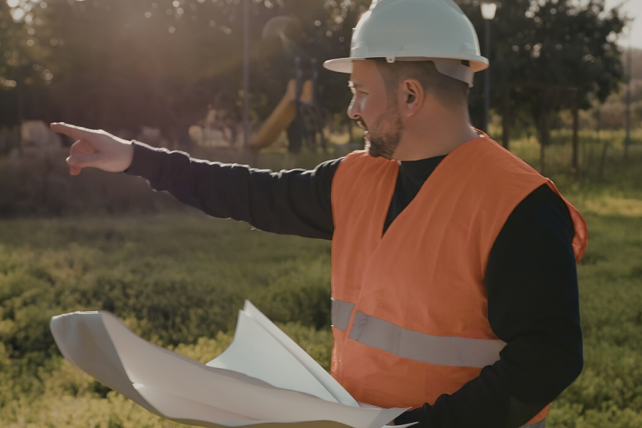 A professional wearing an orange high vis vest and white hard hat, holding paper and pointing in the distance
