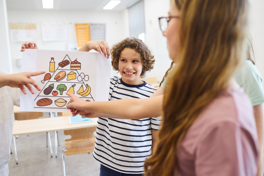 Young students looking at a diagram which displays images of food