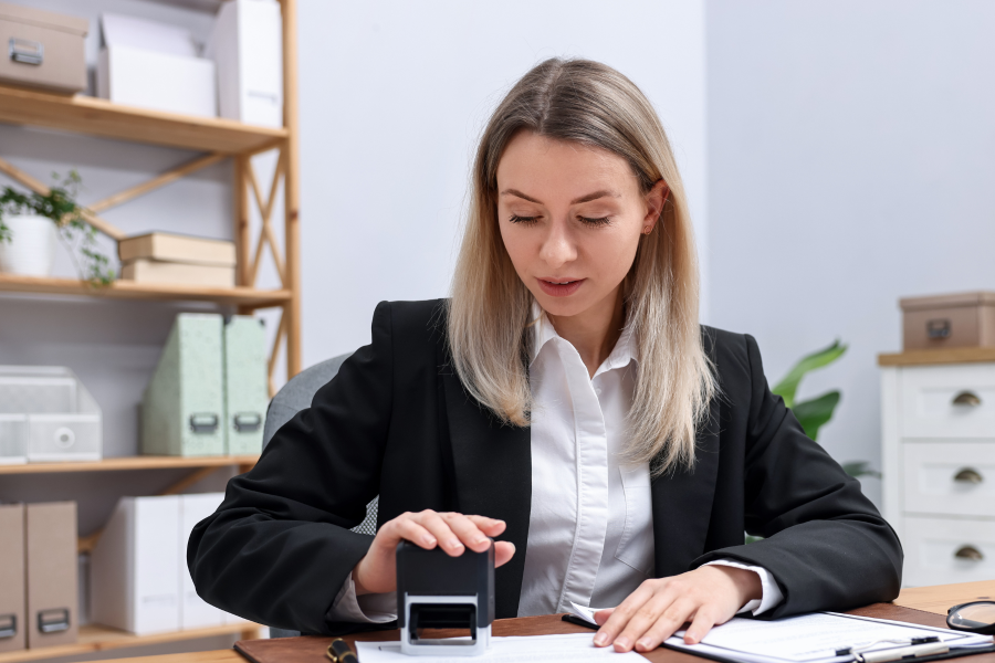 A smart professional sat at a desk using a stamp to mark on paper