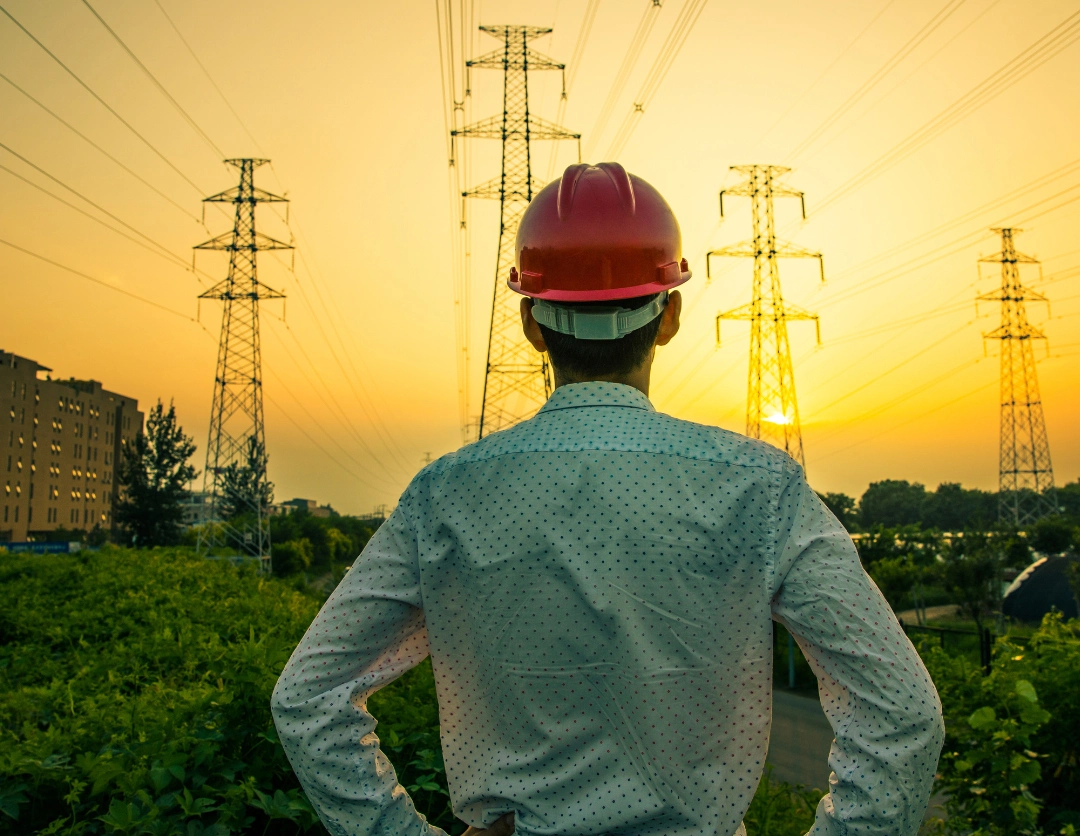 The back of a man looking at electricity pylons against a yellow sky